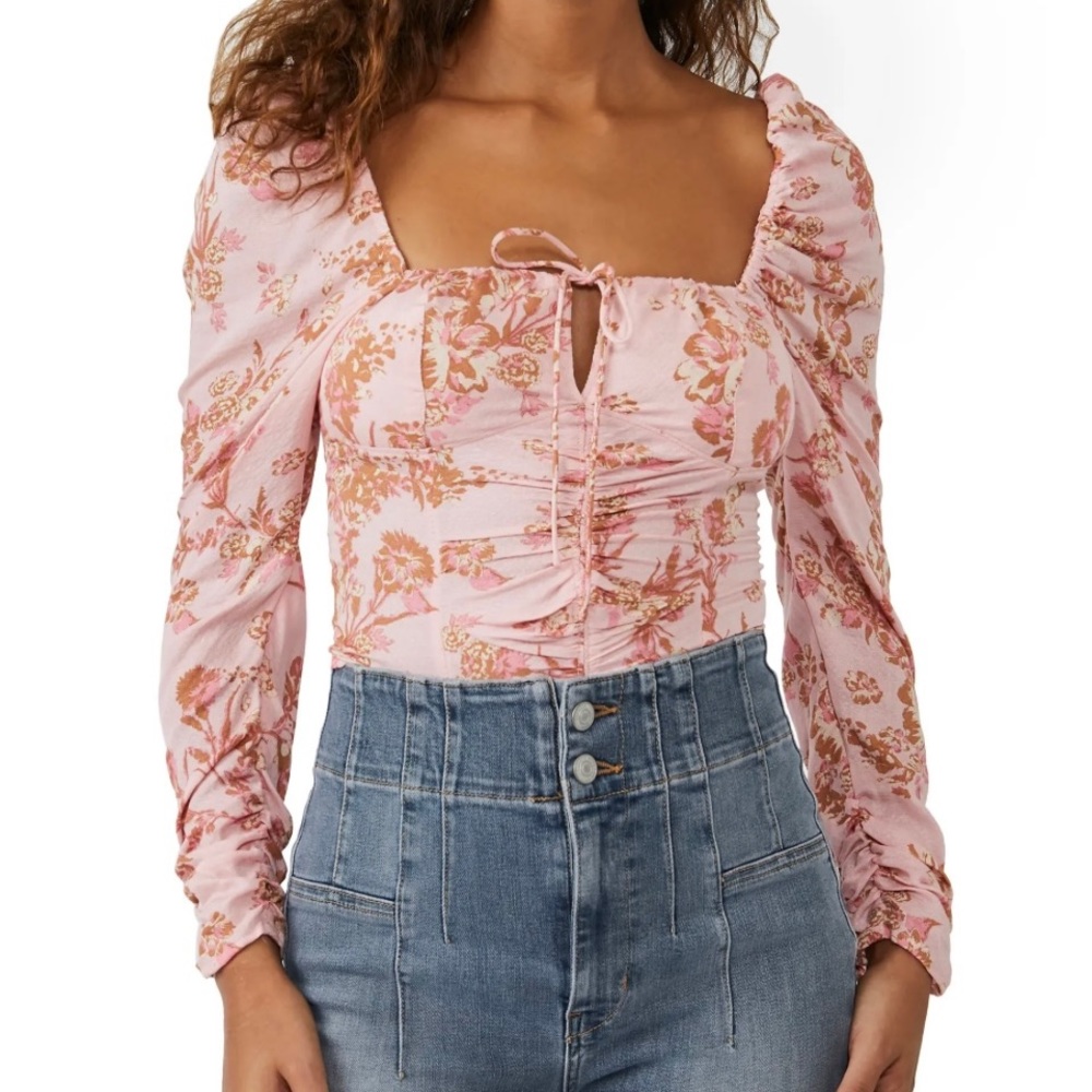 Free People Hilary Printed Top Sz M Pink Combo